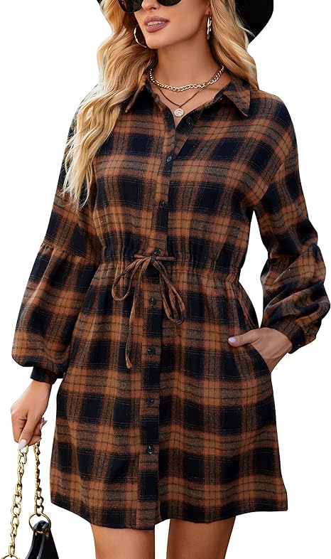 Photo 1 of Blooming Jelly Womens Plaid Dress Flannel Puff Sleeve Dress Button Down Casual Dresses for Women 2023 with Pockets
SIZE M