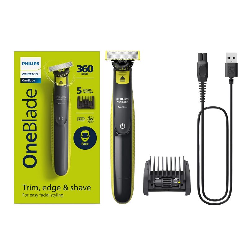 Photo 1 of Philips Norelco OneBlade 360 Face, Hybrid Electric Beard Trimmer and Shaver with 5-in-1 Face Stubble Comb, Frustration Free Packaging, QP2724/90
