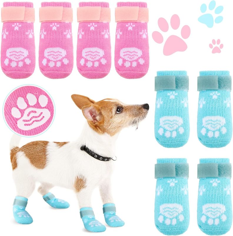 Photo 1 of 8 Pieces Anti Slip Dog Socks Non-Slip Dog Socks with Adjustable Strap Traction Control for Indoor on Hardwood Floor Wear (S)
