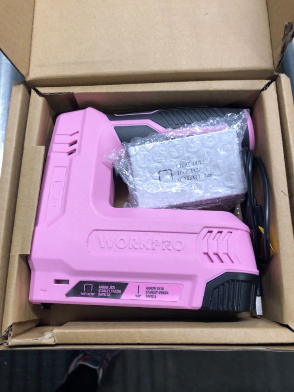 Photo 3 of WORKPRO 3.6V Power Electric Cordless 2-in-1 Staple and Nail Gun, 2.0Ah Battery Powered Stapler for Upholstery, Carpentry, Crafts, DIY, Including USB Charger Cable, 2000PCS of Staples and Nails, Pink