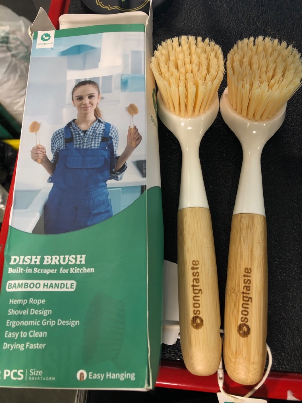 Photo 2 of 2 Pack Kitchen Dish Brush Bamboo Handle Dish Scrubber Built-in Scraper, Scrub Brush for Pans, Pots, Kitchen Sink Cleaning, Dishwashing and Cleaning Brushes are Perfect Cleaning Tools, White