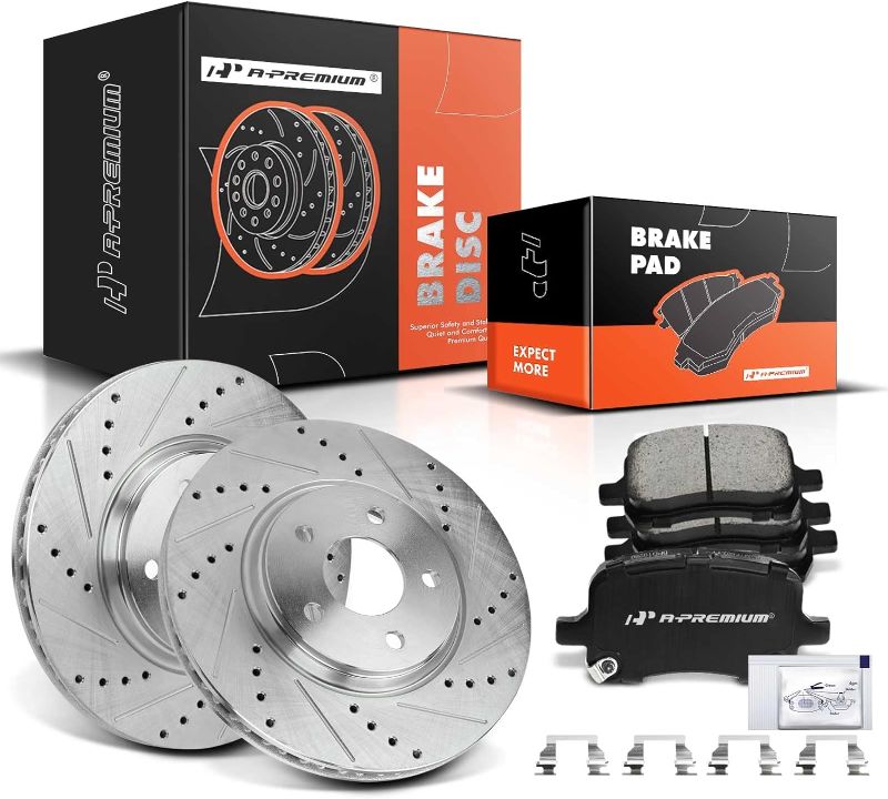 Photo 1 of A-Premium 11.65 in(296mm) Front Drilled and Slotted Disc Brake Rotors + Ceramic Pads Kit Compatible with Chevy, Pontiac & Saturn Models - Cobalt 05-08, HHR 08-10, Malibu 04-12, G5, G6, Aura, Ion, 6-PC
