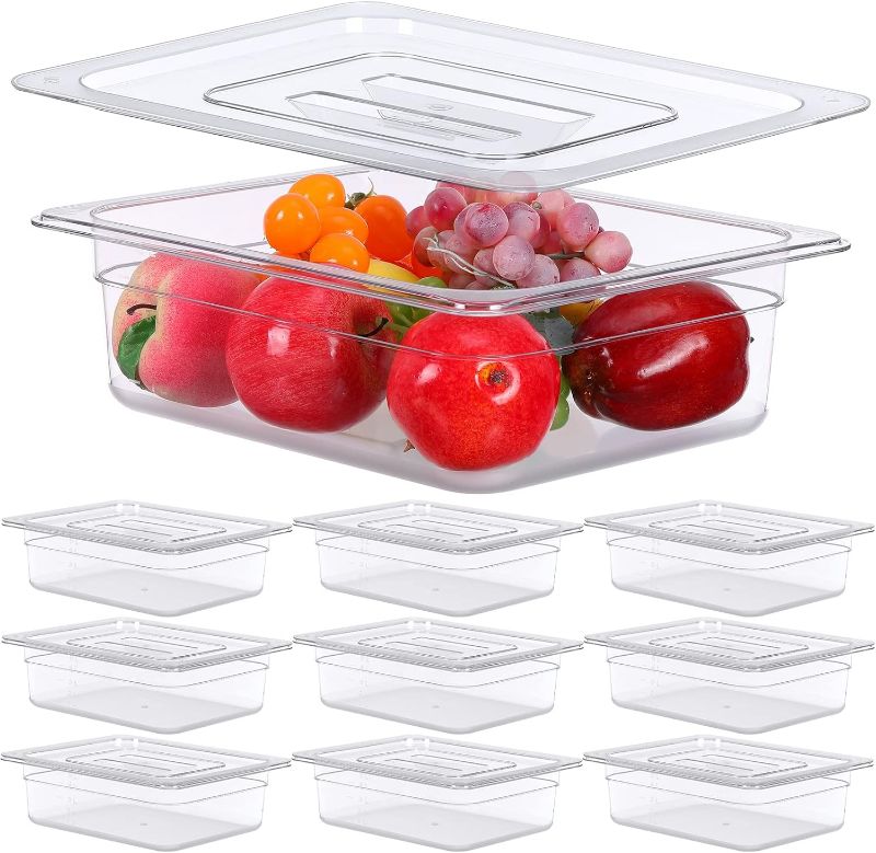 Photo 1 of 10 Pcs Plastic Food Pans with Lid 1/2 Size Stackable Clear Pan with Capacity Indicator Food Storage Containers Restaurant Supplies Hotel Pans for Beans Corns Fruits Vegetables, 4'' Deep, 2.3Gallon