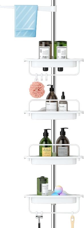 Photo 1 of ALLZONE Rustproof Shower Caddy Corner for Bathroom,Bathtub Storage Organizer for Shampoo Accessories,4-Tier Adjustable Shelves with Tension Pole, 56 to 114 Inch, White
