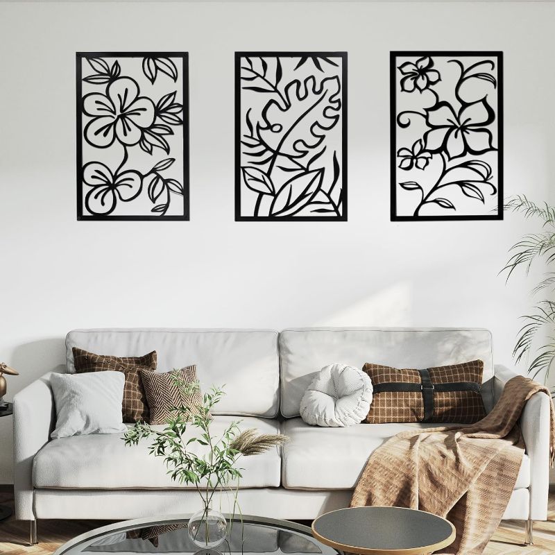 Photo 1 of XMhcyd 3 Pcs Rectangle Wall Decor Metal Floral Minimalist Line Plant Silhouette Aesthetic Modern Sculpture for Living Room Garden Bedroom Office Home Wall Housewarming Party Decor?Black?