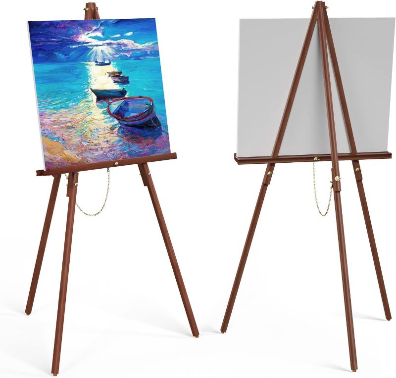 Photo 1 of abitcha Art Easel Wooden Stand - 63" Portable Tripod Display Artist Easel - Adjustable Floor Wood Poster Stand for Wedding, Painting, Drawing, Display Show, Brown
