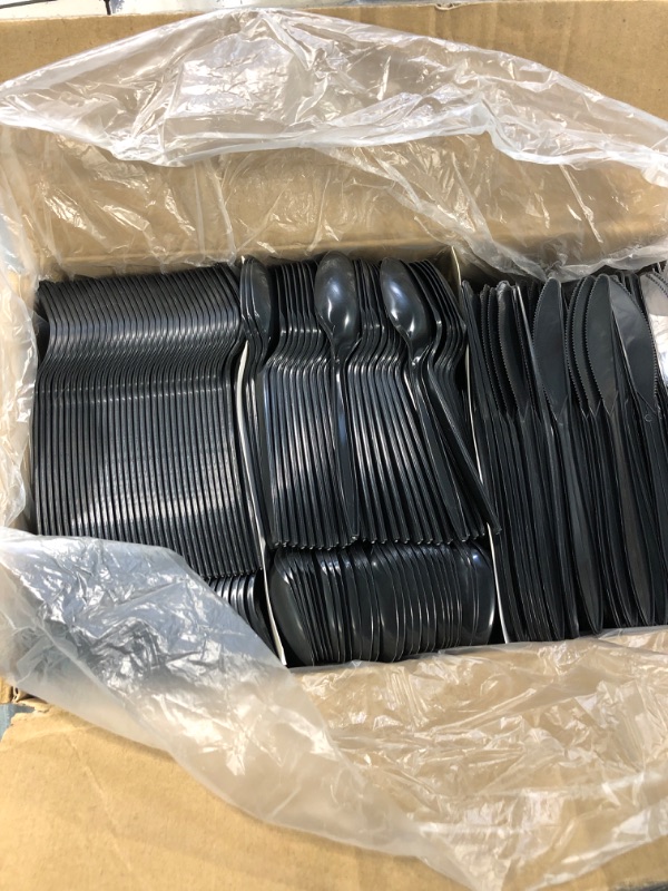 Photo 2 of 1,000 Plastic Disposable Cutlery Bulk Variety Pack Black Medium Weight Includes 334 forks, 333 knives, 333 soup spoons, Disposable Silverware Plastic Cutlery Combo Pack Black