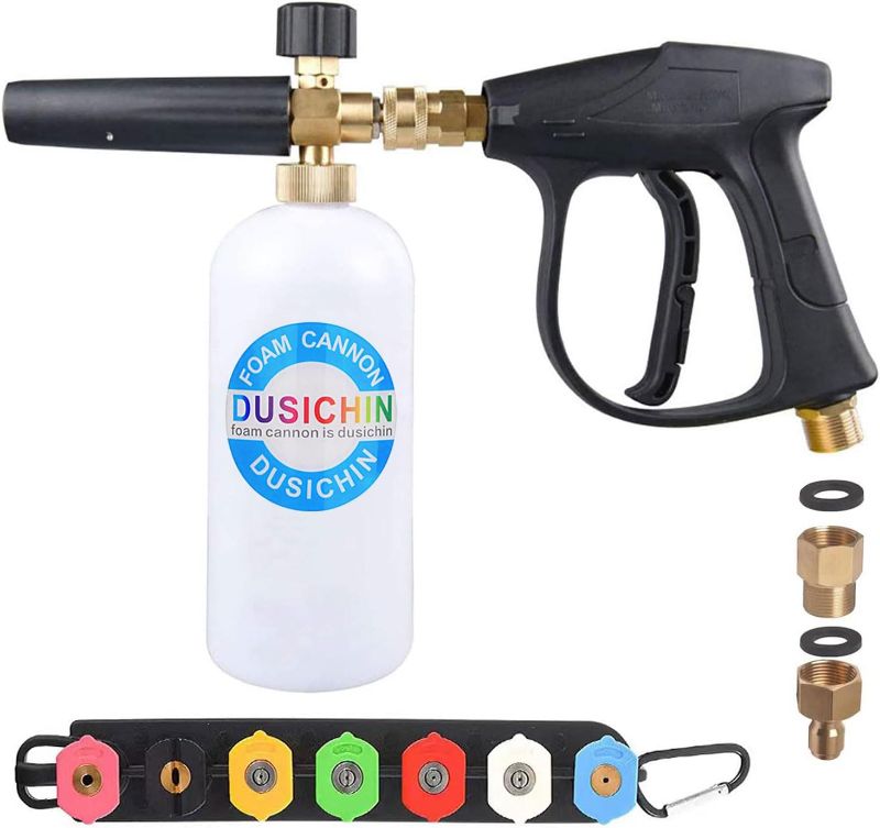 Photo 1 of DUSICHIN Pressure Washer Gun Snow Foam Lance 7 Pressure Washer Nozzle tip 1/4 Inch Quick Connector Tip Holder 33 Oz 2 Brass Fitting M22-14 M22-15 and 3/8” for Vary Pressure Washer Hoses DUS-618