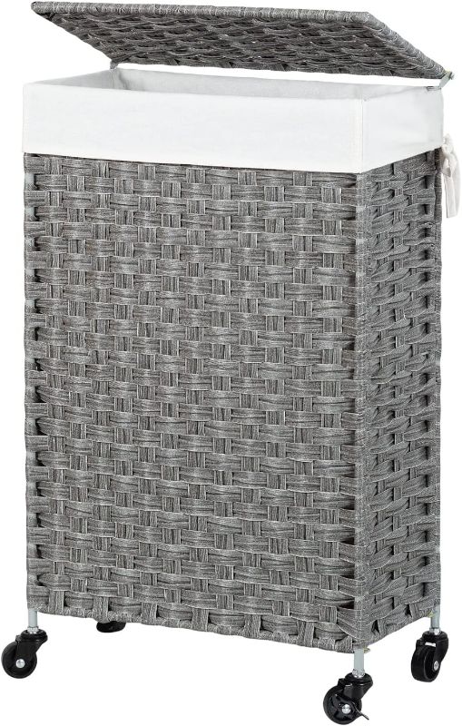 Photo 1 of Chrislley 53L Slim Handwoven Rattan Laundry Hamper with Lid Rolling Laundry Basket with Removable Liner Bags Foldable Hampers with Wheels?Grey?