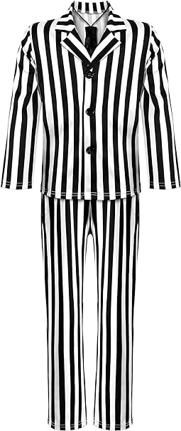 Photo 1 of Halloween Black and White Striped Suit for Men Adults Kids Comedy Horror Movie Character Costume Scary Halloween Outfits