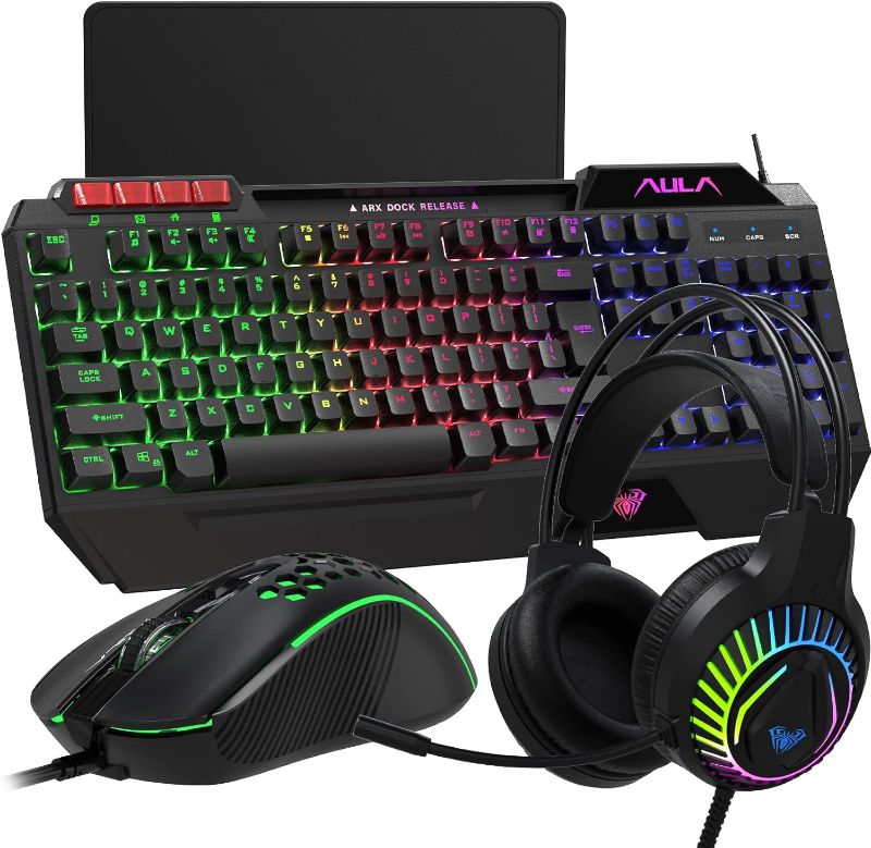 Photo 1 of AULA Gaming Keyboard Mouse Headset and Mousepad Combo, RGB LED Backlit Gaming Keyboard Mouse Headset Bundle, USB Wired Gaming Keyboard Mouse Combo for PC Gamer, Xbox and PS4 Users