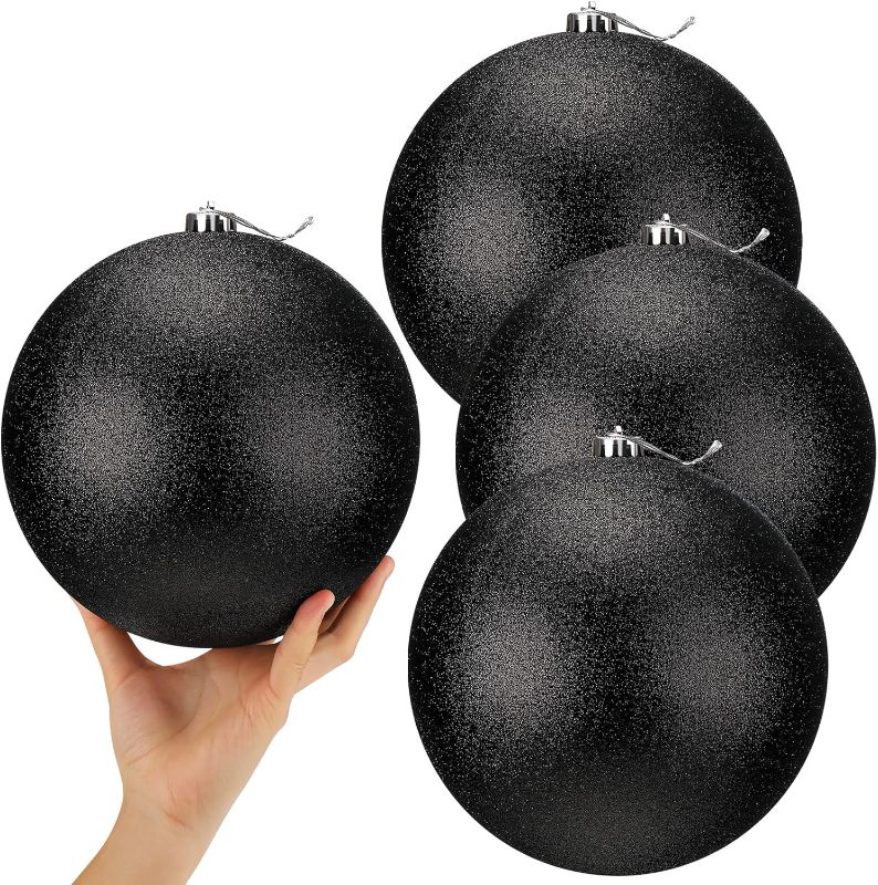 Photo 1 of *Similar Color* Hiboom 4 Pcs 8 Inch Large Christmas Ball Ornaments Shatterproof Hanging Tree Ornament Balls Decorations Vintage Plastic Ball Ornament with Hanging Loop Christmas Decorations for Holiday BLACK