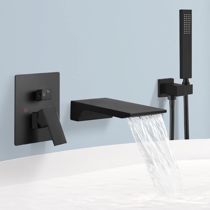 Photo 1 of Airuida Wall Mount Tub Faucet with Waterfall Tub Spout, Bathtub Faucet with Handheld Shower Sprayer, Matte Black Modern Single Handle Tub Filler Faucet, Shower Faucet Set with Rough-in valve Spout style B Matte Black