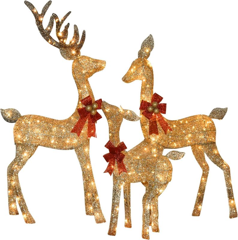 Photo 1 of 3 Pack 4.3 FT Large Lighted Reindeer Christmas Decoration Outdoor Deer Family Set,225 LED Lights Gold 52" Buck 47" Doe 29" Fawn Set for Outdoor Yard Artificial Christmas Festive Holiday Decoration