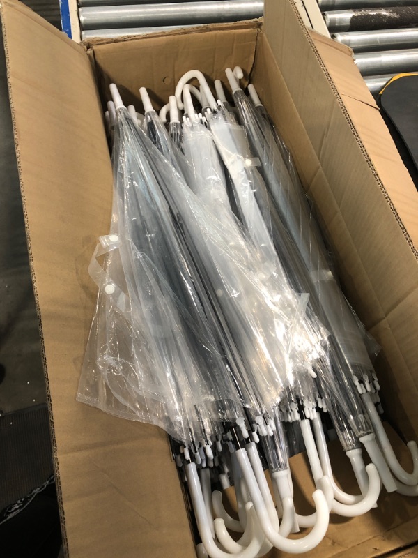 Photo 1 of 60 Pack Clear Wedding Umbrellas Bulk Transparent Auto Open Stick Umbrellas Windproof Waterproof Large Canopy Umbrella with White European J Hook Handle for Wedding Bride Groom Photography Golf Outdoor