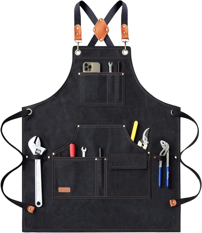 Photo 1 of AFUN Work Aprons for Men with Large Pockets, Cotton Canvas Cross Back Heavy Duty Adjustable Tool Apron, Size M to XXL (Black)
