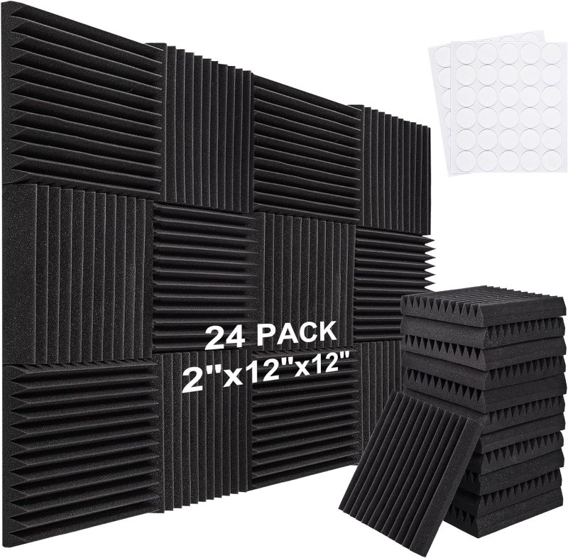 Photo 1 of Acoustic Foam Panels - Pack of 24 Flame Retardant Sound Proof Foam Panels for Walls Ceilings Reduces Reverb Echo 12” x 12” x 2” Sound Insulation Wedge Noise Cancelling Foam Tiles for Home Office 24 Pack