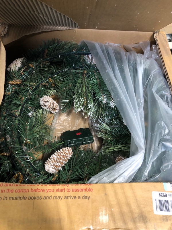 Photo 3 of 24" Cashmere Pine and Mixed Needles Warm White LED Artificial Christmas Wreath with Flocked Snow, Glitter Branches, and Pinecones