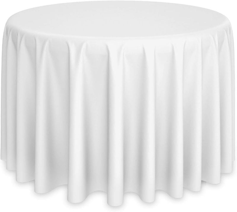 Photo 1 of 1 Pack White Round Tablecloths 120 Inch - Circle Bulk Linen Polyester Fabric Washable Table Clothes Cover for Wedding Reception Banquet Party Buffet Restaurant White 120 In, 1 Pack