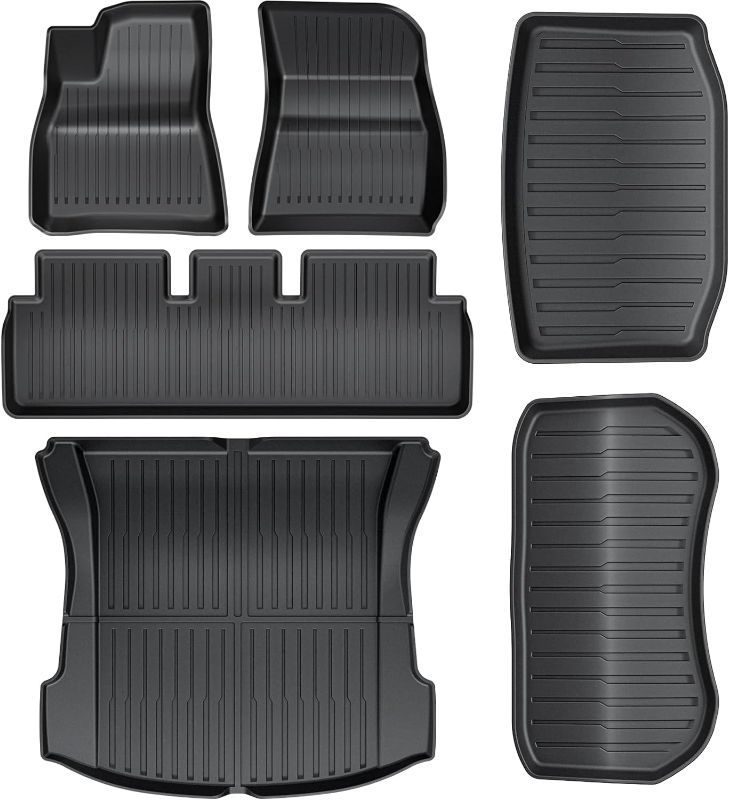 Photo 1 of Maysoo Tesla Model Y Floor Mats, Tesla Model Y 5-Seat 2020-2023 Accessories, All Weather Floor Mat Front Rear Cargo Liner Mat, Heavy Duty Floor Mats (Set of 6) Model Y floor mats (set of 6)