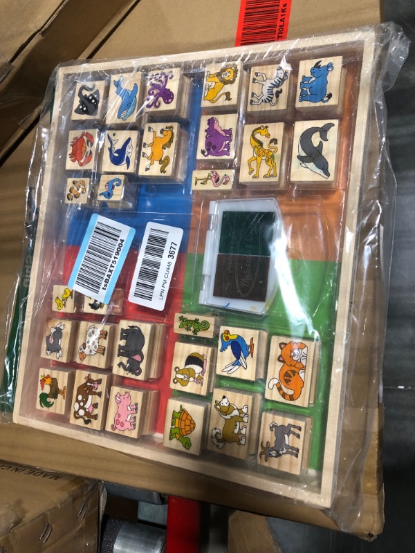 Photo 3 of Melissa & Doug Deluxe Wooden Stamp Set: Animals - 30 Stamps, 6 Markers, 2 Stamp Pads & Rainbow Stamp Pad - 6 Washable Inks Deluxe Wooden Stamp Set - Animals + Stamp Pad