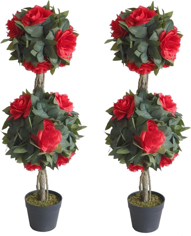 Photo 1 of (Set of 2) Life Like 3Ft artificial Camellia Flower Double Ball Topiary Trees Faux Topiary Outdoor Trees for Out Door Porch Decor