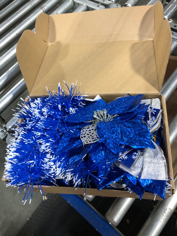 Photo 3 of 63 Pieces Blue Christmas Decorations Set, Including Large Bow Christmas Tree Topper, Glitter Bow Knots, Blue Poinsettia Flowers, Metallic Tinsel Garland, Balls Ornament and White Snowflake Decorations