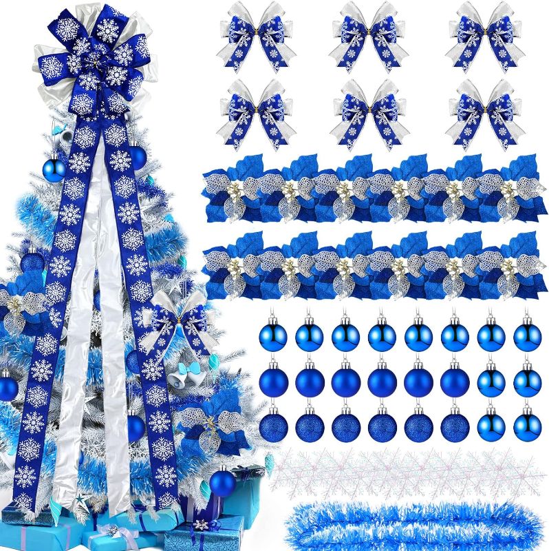 Photo 1 of 63 Pieces Blue Christmas Decorations Set, Including Large Bow Christmas Tree Topper, Glitter Bow Knots, Blue Poinsettia Flowers, Metallic Tinsel Garland, Balls Ornament and White Snowflake Decorations