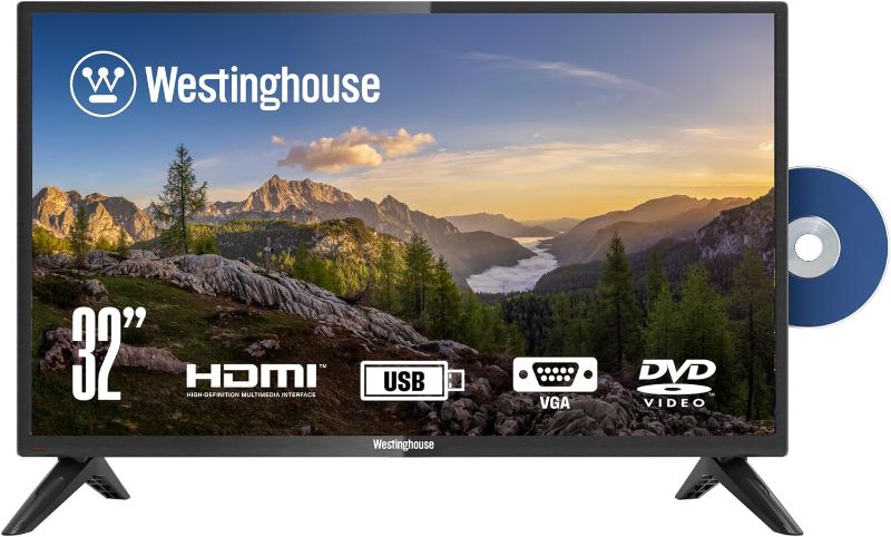 Photo 1 of Westinghouse HD 32 Inch TV with Built-in DVD and V-Chip, Slim, Compact 720p LED Flat Screen TV, HDMI, USB, and VGA Compatible, High Definition Small TV for Kitchen or RV Camper, 2022 Model 32" HD LED DVD