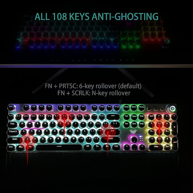 Photo 1 of AULA F2088 Typewriter Style Mechanical Gaming Keyboard Blue Switch, Media Control Knob, Rainbow Backlit, Retro Punk Round Keycaps, Full Size USB Wired Computer Keyboards Black-blue switches