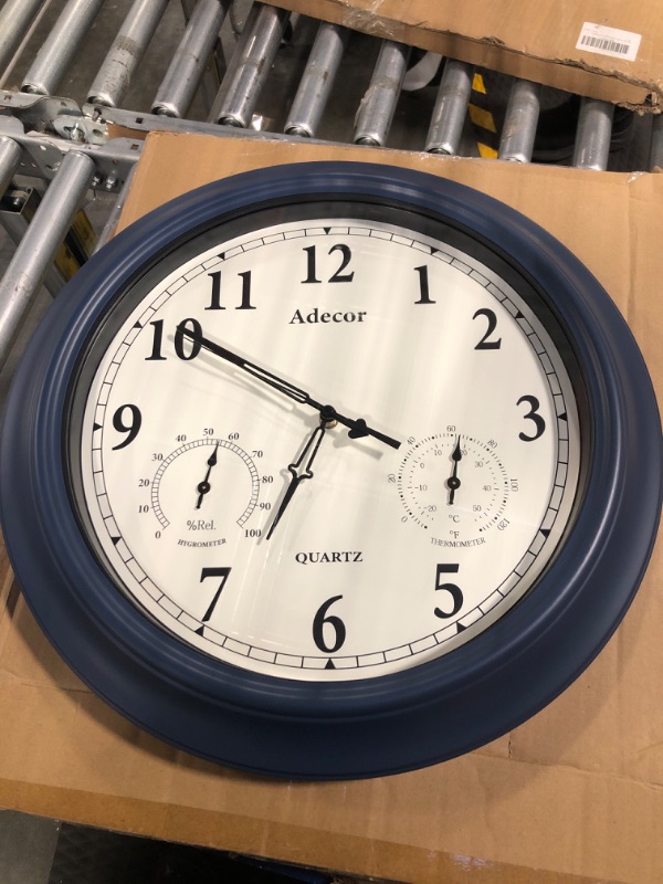 View 3 of Outdoor Clocks with Thermometer and Hygrometer Combo, Waterproof Metal Wall Clock, Large Display Silent Non Ticking Battery Operated Clock for Garden/Patio/Pool/Lanai/Fence (18 Inch, Navy Blue)