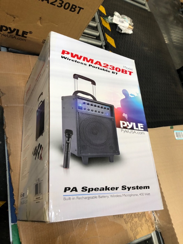 Photo 3 of Pyle Wireless Portable PA System-400W Bluetooth Compatible Rechargeable Battery Powered Outdoor Sound Stereo Speaker Microphone Set w/Handle, Wheels-1/4 to AUX, RCA Cable (PWMA230BT)