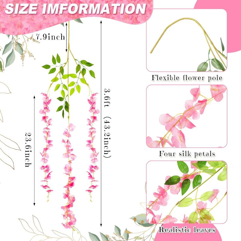 Photo 1 of 3.6 ft Artificial Fake Wisteria Hanging Flowers Wisteria Faux Flowers Garland Silk Wisteria Vine Rattan Long Hanging Flowers String for Home Outdoor Wedding Party (Pink 5)