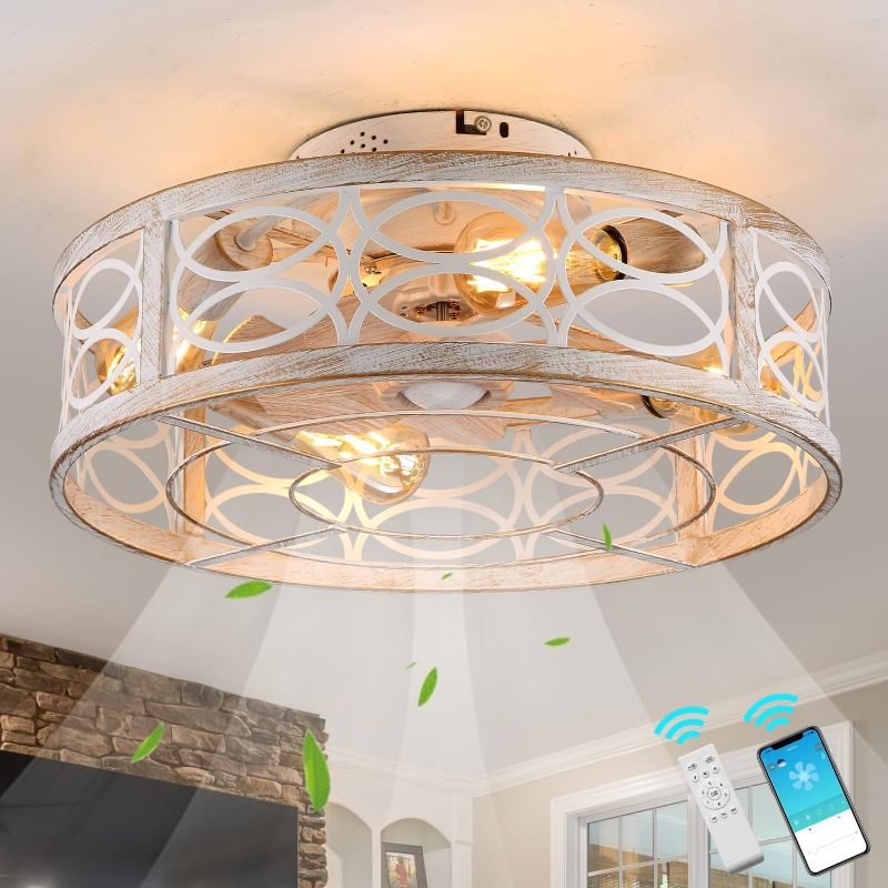 Photo 1 of  20" Caged Ceiling Fans with Lights and Remote, Bladeless Ceiling Fan 6 Speed Reversible Remote Control,Flush Mount Caged Ceiling Fan for Bedroom, living room