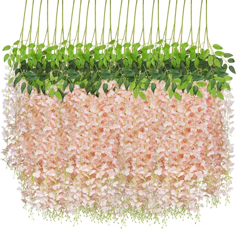 Photo 1 of 24pcs Wisteria Hanging Flowers 3.6ft Artificial Vines Fake Garland Silk Flower String for Wedding Party Garden Outdoor Greenery Home Wall Decoration (Light Pink)