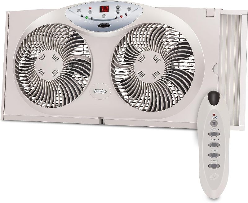 Photo 1 of BIONAIRE Premium Digital 8.5" Twin Window Fan, Reversible Airflow Control, Exhaust and Intake, 3 Speeds, Extender Panels, Programmable Thermostat, LED Temperature Display, Remote Control, Light Grey