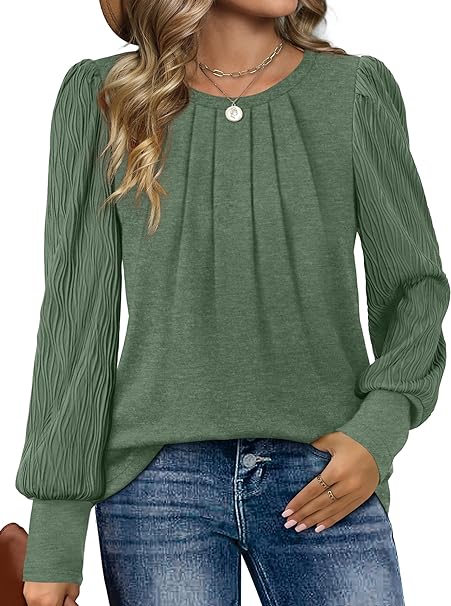 Photo 1 of XIEERDUO Women's Long Sleeve Shirts Pleated Crew Neck Puff Sleeve Tunic Tops XL