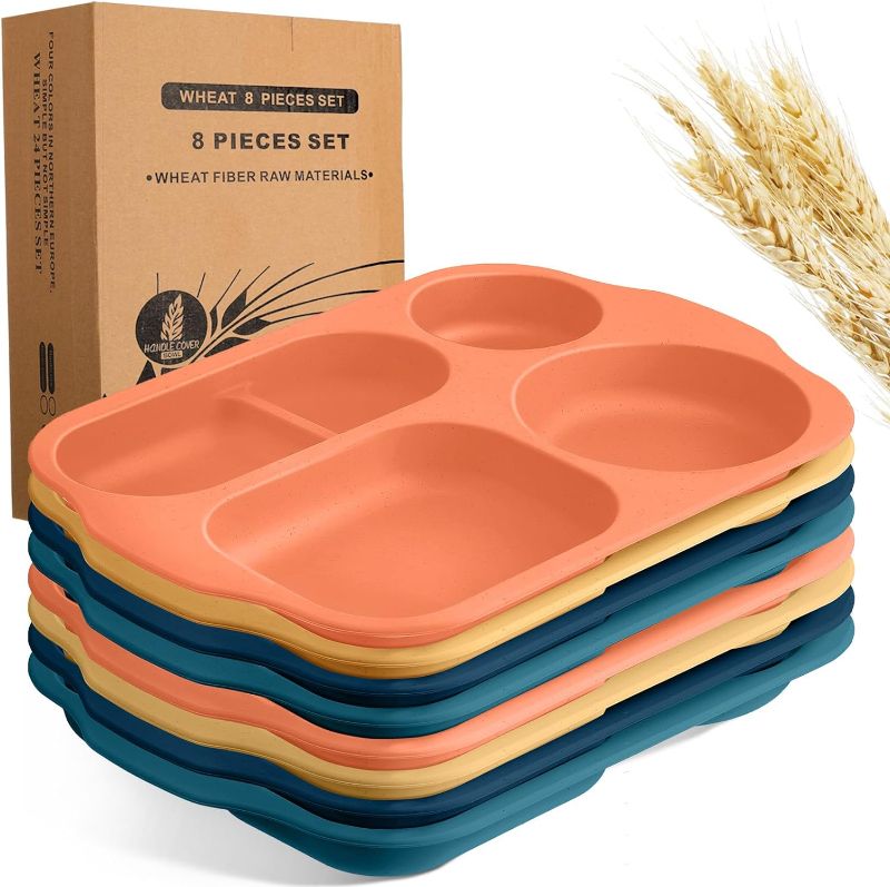 Photo 1 of 8 Pieces Large 12 Inch Unbreakable Divided Plates Wheat Straw Dinnerware Microwave Dishwasher Lunch Tray Lightweight Plates Tableware for Kitchen Picnic (Orange, Yellow, Dark Blue, Dark Green)