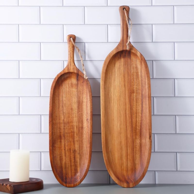 Photo 1 of 2 Pcs Wooden Serving Board,Serving Plates with Handle,Large Serving Tray,Appetizer Wood Plates,Wooden Plates in Small and Large,Oval Acacia Tray,Cheese Board,Acacia Wood Tray