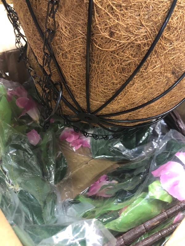 Photo 4 of Artificial Flowers Hanging Basket for Outdoor Indoor, Fake Hanging Plant Silk Azalea in Basket Faux Flower Arrangement for Garden Yard Pouch Patio Indoor Home Decoration (Pink)