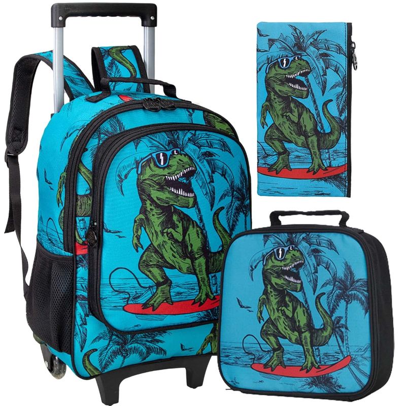 Photo 1 of 3PCS Rolling Backpack for Boys, Kids Roller Wheels Bookbag, Wheeled School Bag with Lunch Bag - Dinosaur