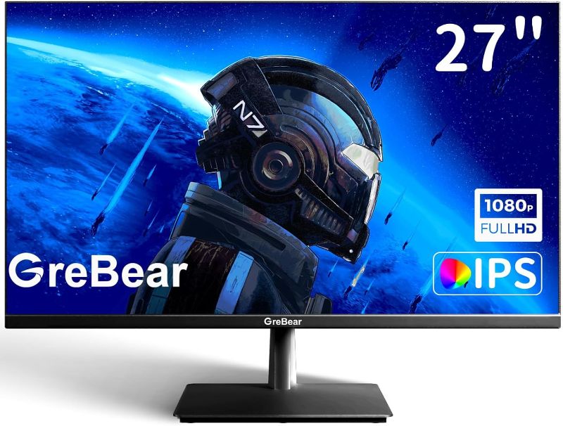 Photo 1 of GreBear 27-inch Computer Monitor PC Monitors IPS Panel FHD 1080p 75Hz LED Display Home Office Desktop Screen, HDMI, VGA, Flicker-Free, Build-in Speakers, Blue Light Filter, 100x100 mm VESA Mountable