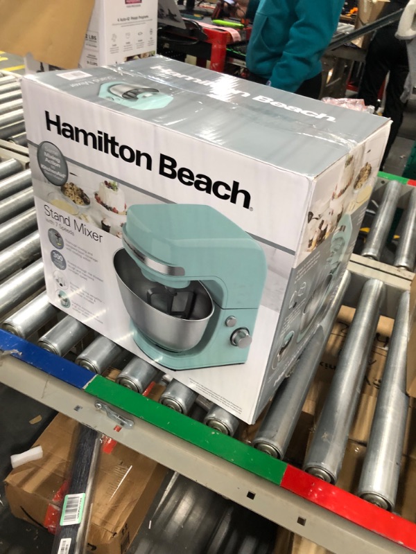 Photo 2 of Hamilton Beach Electric Stand Mixer, 4 Quarts, Dough Hook, Flat Beater Attachments, Splash Guard 7 Speeds with Whisk, Aqua 7 Speeds with Whisk Aqua Blue Mixer