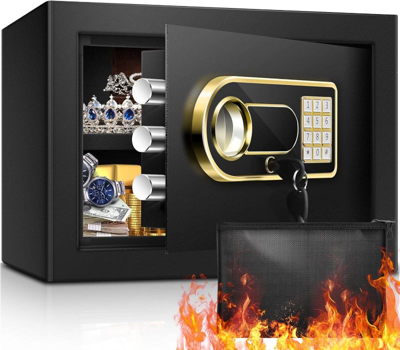 Photo 4 of 0.8 Cub Home Safe Fireproof Waterproof, Fireproof Safe with Fireproof Money Bag, Digital Keypad Key and Emergency Battery Box, Security Safe Box for Pistols Money Jewellery Documents Medicines 0.8Cub Black