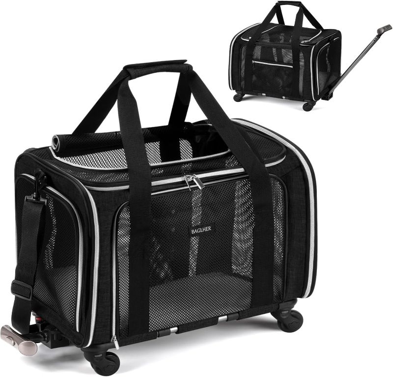 Photo 1 of BAGLHER Dog Carrier Bag with Wheels,Airline Approved Soft Side Pet Travel Rolling Small Medium Dog Carrier with Fleece Pad for Hiking Picnic Black
