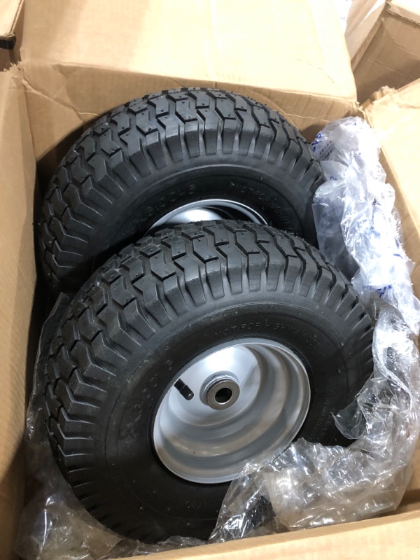 Photo 3 of 15x6.00-6nhs Lawn Mower Front Tire 4 Ply 15x6x6 Lawn Mower 570 Lbs Tire and Wheel with 3/4" Iron Bushing and 6 Spacers, Replacement for Garden Lawn Tractor Riding Lawn Mower, 2 Pack