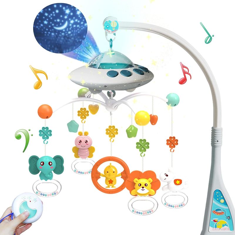 Photo 1 of Baby Crib Mobile with Music and Lights, Mobile for Crib with Remote Control, Rotation, Moon and Star Projection, Baby Crib Toys for Boys Girls