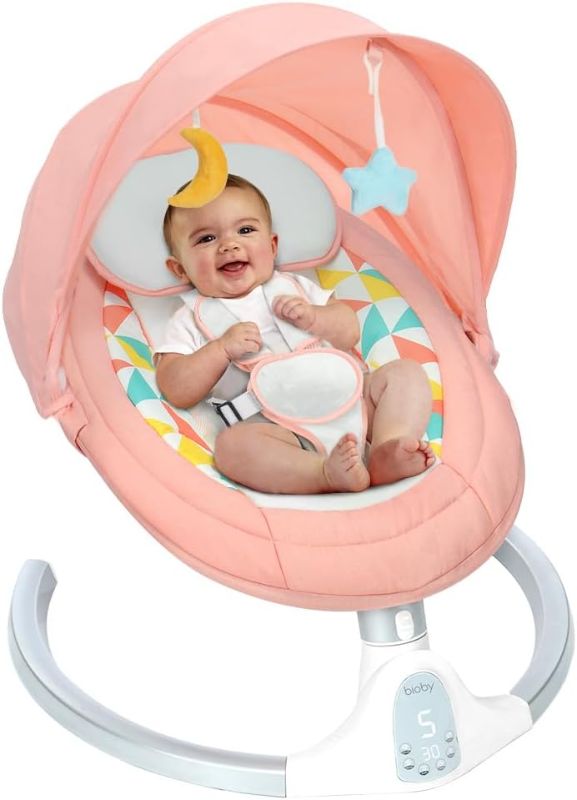 Photo 1 of Bioby Electric Baby Swing for Infants, Portable Baby Swing for Newborn Boy Girls with 5 Swing Speeds, Bluetooth Touch Screen/Remote Control, Baby Rocker Chair with Music Speaker 5 Point Harness Pink