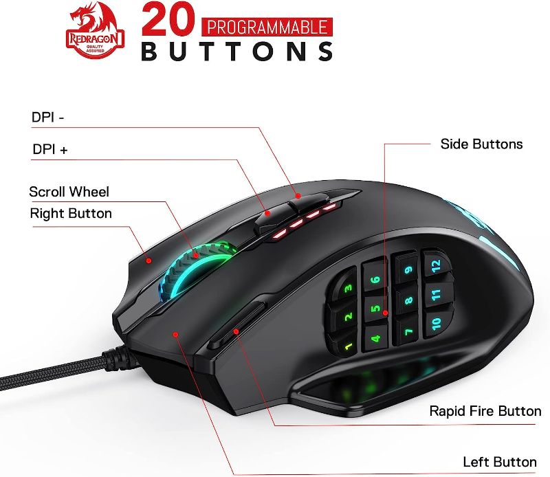 Photo 1 of Redragon M908 Impact RGB LED MMO Mouse with Side Buttons Optical Wired Gaming Mouse with 12,400DPI, High Precision, 20 Programmable Mouse Buttons Black Wired