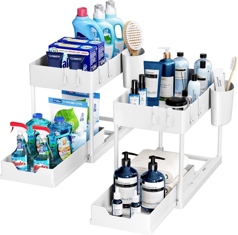 Photo 1 of 3 Pack Puricon Under Sink Organizer Pull Out Under Sink Storage, 2 Tier Multi-Purpose Sliding Under the Sink Organizer Bathroom Kitchen Sink Organizer Under Cabinet Shelf for Cleaning Supplies -White 3 White